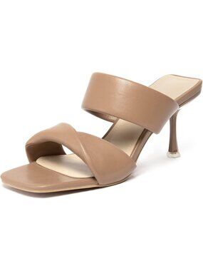 Women's Two Straps Kitten Heeled Brown Slide Sandals Square Open Toe Low Heel